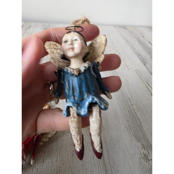 Jointed Angel cherub ornament vintage rustic crackle set are - Picture 9 of 10